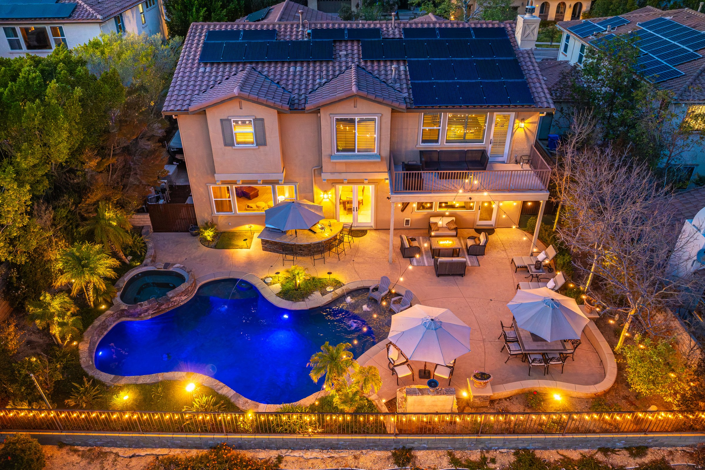 Twilight aerial of the property