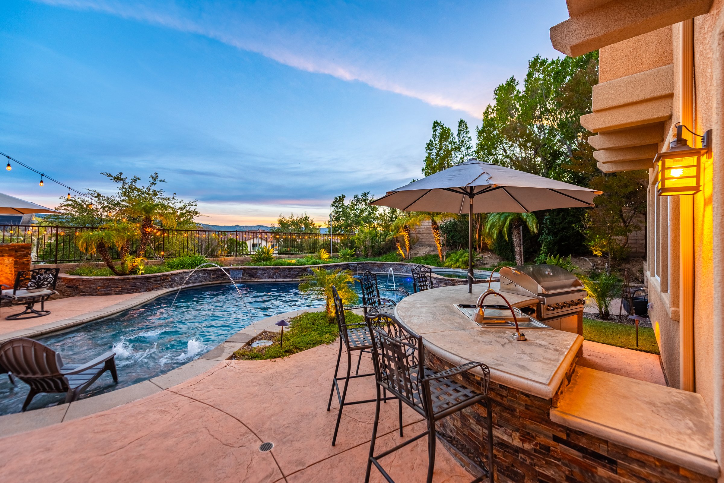 Twilight outdoor fireplace